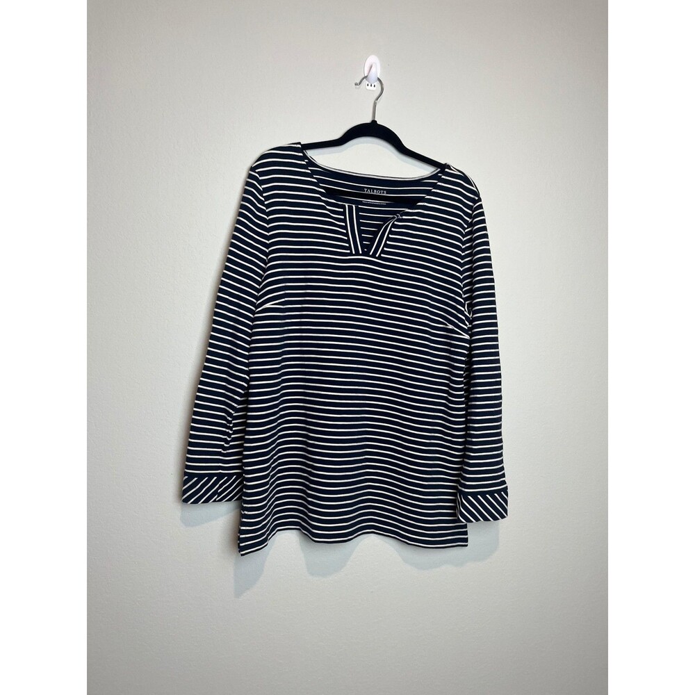 Talbots T-Shirt Womens XL Blue Stripe V Neck Long Sleeve Tunic Top Stretch